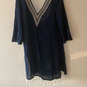 Kora Sol Navy Blue White Embroidery Swim Cover Up